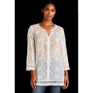 Chico’s Womens Blouse L White Eyelet Boho Embroidered Lace Cotton India WB